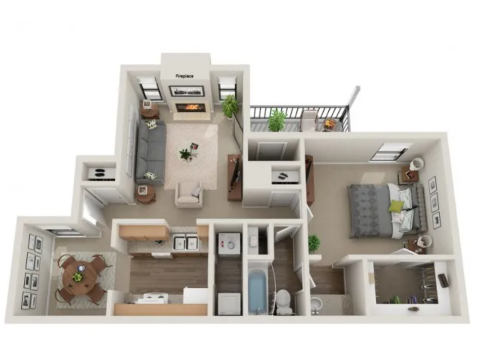 Floor plan for 1 bed, 1 bath, 719 sqft